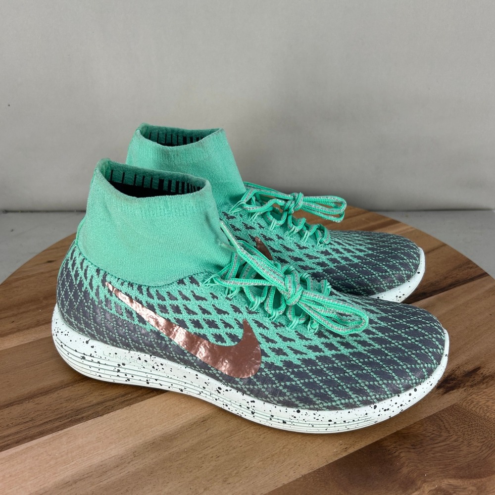 Nike LunarEpic Flyknit Shield Green Rose Gold Running Shoes 849665-300 Womens 9
